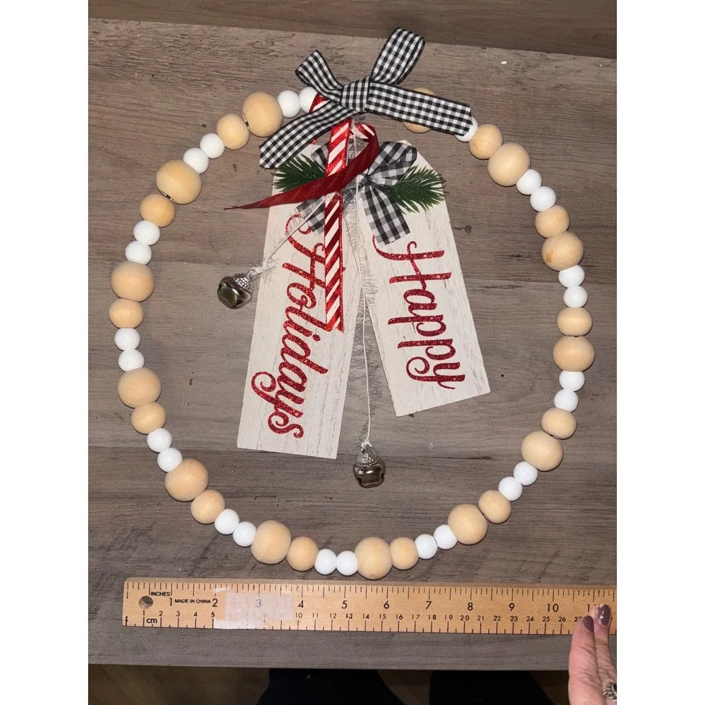 Rustic Beaded Christmas Wreath Happy Holidays Bell Decor